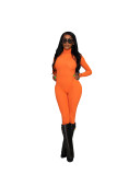 Solid Turtleneck Long Sleeve Bodycon Bodysuit Sports Elasticity Two Piece Pant Set