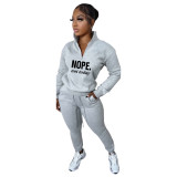 Casual Fleece Printed Letter High Neck Zipper Matching 2 Piece Jogger Sets For Women