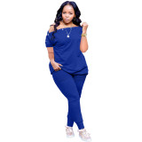 2022 Summer Loose Blue Slanted shoulder Breasted Shirring Two Pieces Sets