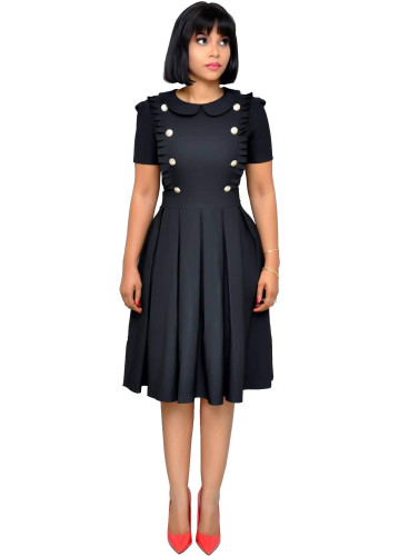 OL Style Ruffle Collar Short Sleeve Pleated Dress