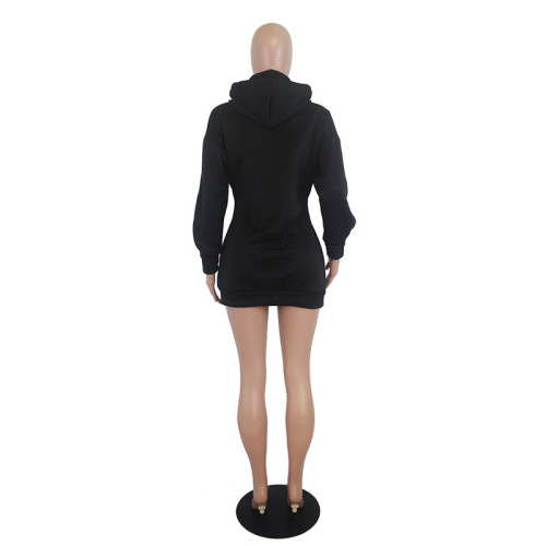 Solid Color Embroidered Bat Sleeve Hooded Dress