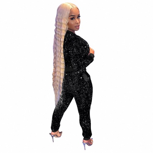 Black Sparkly Sequin Threaded Two Piece Set for Women Fall Winter Sport Suit Zipper Sweatshirts Jacket Top and Pants Tracksuit Clubwear