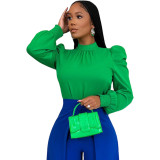 Women Bow Back Stand Neck Puff Long Sleeve Blouses Tops