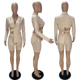 Women Cutout Waist Bowknot Back Blazer and Mesh Short Suit Matching Tracksuit Two 2 Piece Set