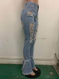 Classic Holes Fringed Ruffled Denim Trousers