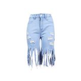 Spring Casual Solid Color Tassel Frayed Midi Jeans