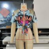 Casual Fashion Print Tassel Slit Short Sleeve Shirt Top