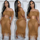 Sexy Perspective Knitted Hook Tassel Off Shoulder Beach Suit