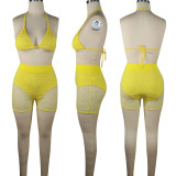 Summer Yellow Beachwear Sexy Mesh Sequined Two Piece Short Set