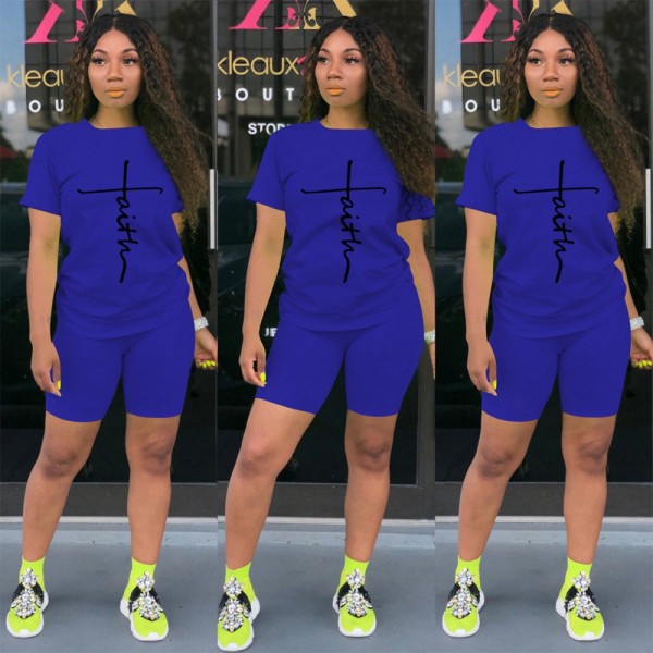 Casual Women Royal Blue Printed Sweatpants Set Two Piece Shorts Set for Summer