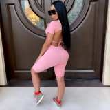 Sexy Backless Lace Up Printed Short Sleeve Shorts Set For Nightclub