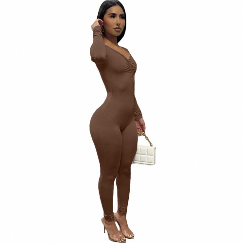 Solid Color Coffee Spring Thin V Neck Pleated One Piece Jumpsuit