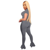 Dark Grey Women Fitness Mesh Stitching Clothing Wear Flared Trousers Women Set
