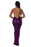 Solid Color Deep V Halter Stacked Maxi Dresses