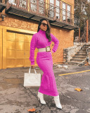 Solid Color Sweater Women High Neck Knit Long Dress without Belt