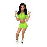 Casual Solid Color Piled Sleeves Crop Shirt Shorts Set