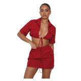 Solid Color Clothes Short Sleeve Crop Skirt Set Tooling Style