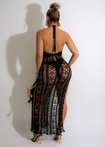 Black Solid Color Summer Elastic Fringed Side Slit Halter Beach Long Dresses