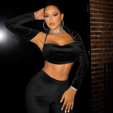 Black Sexy Solid Korean Velvet Patchwork Halter Long Sleeve Three Pieces