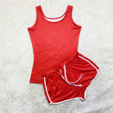 Red Sexy Solid Color Tank Top Shorts Set Yoga Outfits