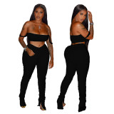 Solid Color Crop Top and Pleated Split Micro Trousers