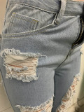 Classic Holes Fringed Ruffled Denim Trousers