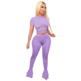 Solid Color Mesh Splicing Flared Pants Set