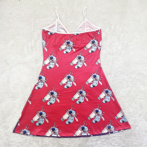 Sexy Loungewear Summer Cartoon Pattern Printed Spaghetti Strap Homewear Dress