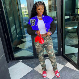 Letter Printing Color Contrast Bomber Casual Jacket