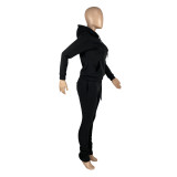 Casual Red Sweatshirt Sports Drawstring Hoodie Stacked Two-piece Pants Set