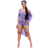 Casual Solid Purple Ribbed Crop Vest Top Short And Cardigan 3 Pieces Set