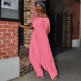 Pink Casual Solid Split Joint Fold Asymmetrical Cross-Shoulder Short Sleeve Two Pieces