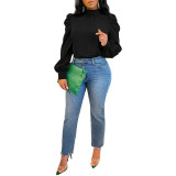 Women Bow Back Stand Neck Puff Long Sleeve Blouses Tops