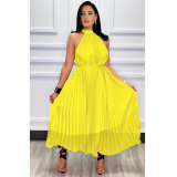 Summer Yellow Chiffon Double Tie Sleeveless Long Pleated Dress