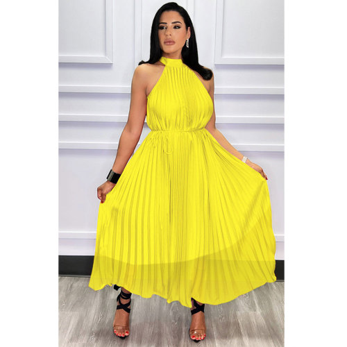 Summer Yellow Chiffon Double Tie Sleeveless Long Pleated Dress