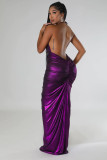 Solid Color Deep V Halter Stacked Maxi Dresses