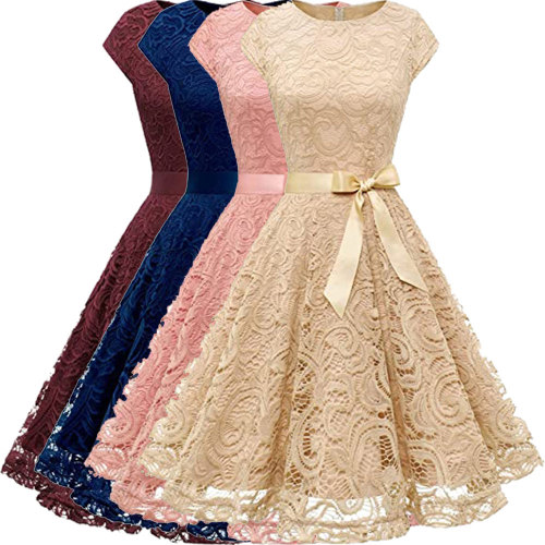 Summer Bridesmaid Round Neck Lace Swing Dresses