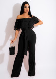 Women Slim Ruffle Off Shoulder Short Sleeve Solid Long Pants Jumpsuit with Belt