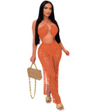Orange Solid Color Summer Elastic Fringed Side Slit Halter Beach Long Dresses