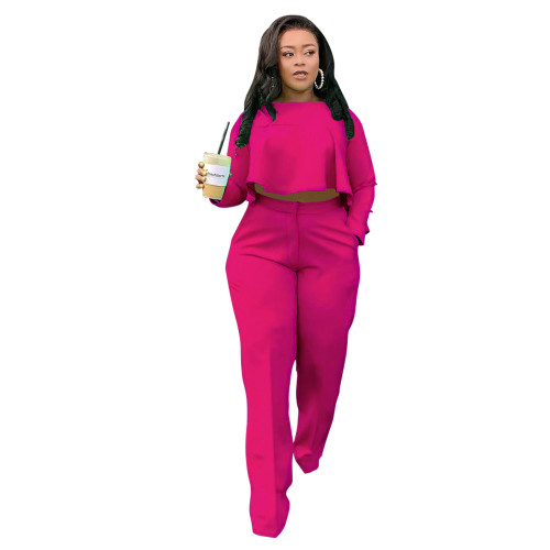 Autumn Solid Rose High-Low Top & Pants Set