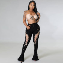 Black Vintage Mid Waist Shredded Eyelet Bandage Denim Flared Pants