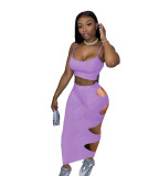 Solid Color Straps Crop Top and Holes Long Skirt