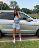 Solid Color Sky Blue Ladies Vest Shorts Two Piece Set with Pockets