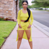 Casual Solid Yellow Ribbed Crop Vest Top Short And Cardigan 3 Pieces Set
