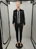 Casual Stripe Zip Up Printed Sweatshirt & Drawstring Pants Set Without Tank Top