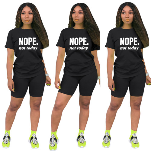 Casual Black Short Sleeve Knit Print Sportswear Shorts Set Two Piece