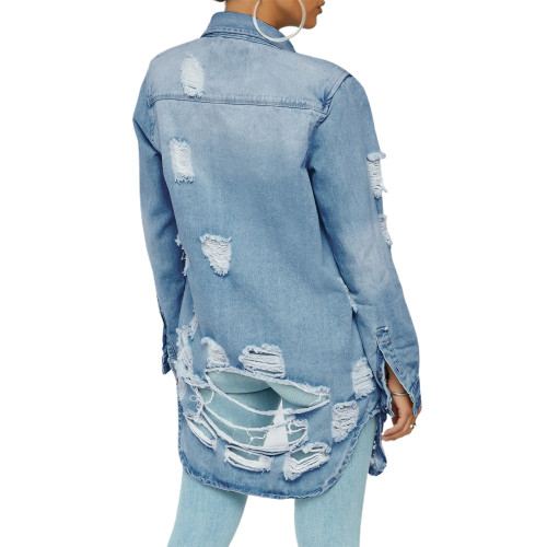 Hole Distressed Plus Size Denim Button Jacket