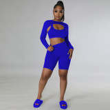 Royal Blue Solid Color Sports Long Sleeves Shawl Vest & Shorts 3 Piece Set