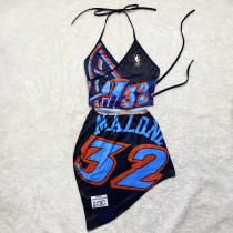 Women Graphic Print Halter Backless Sexy Skirt Set