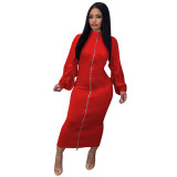 Ruched Lantern Sleeve Zip Front Bodycon Dress